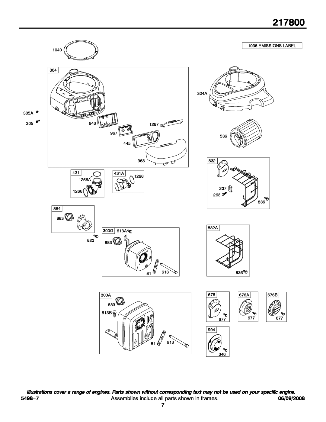 Briggs & Stratton 217800 service manual 5498−7, Assemblies include all parts shown in frames, 06/09/2008 