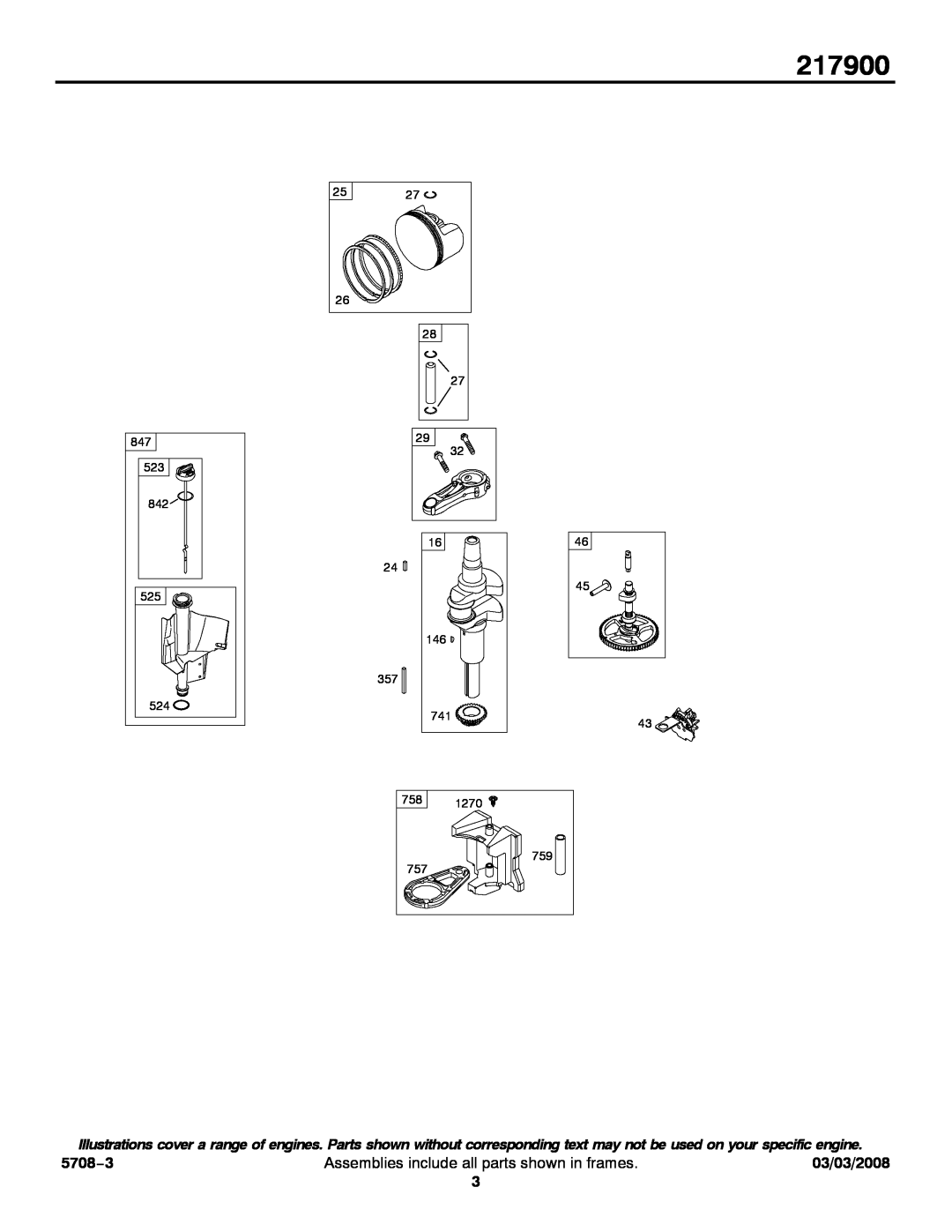 Briggs & Stratton 217900 service manual 5708−3, Assemblies include all parts shown in frames, 03/03/2008 