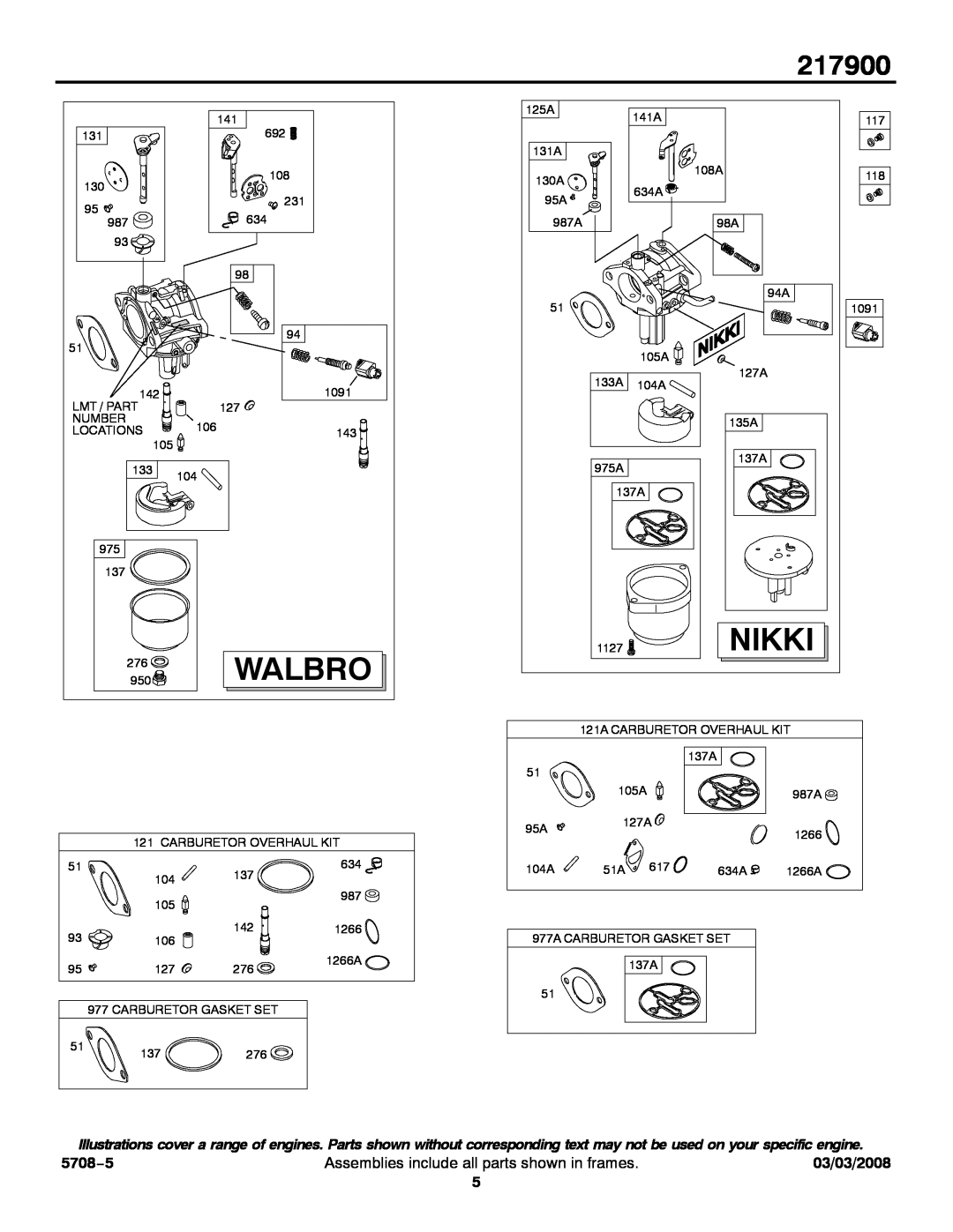 Briggs & Stratton 217900 service manual Walbro, 5708−5, Nikki, Assemblies include all parts shown in frames, 03/03/2008 