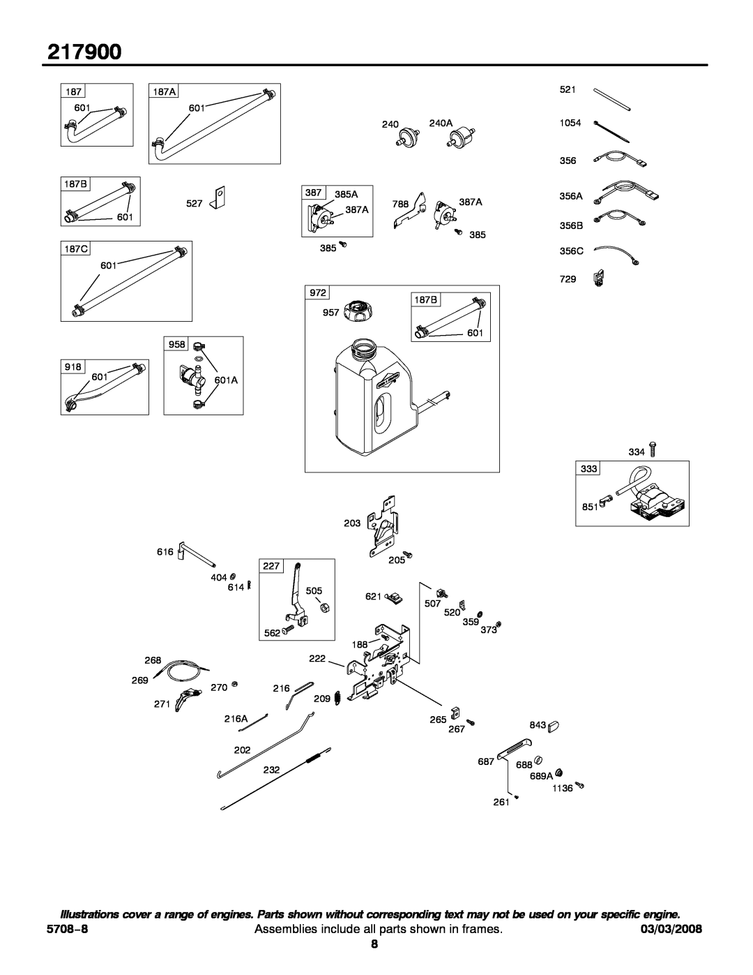 Briggs & Stratton 217900 service manual 5708−8, Assemblies include all parts shown in frames, 03/03/2008 