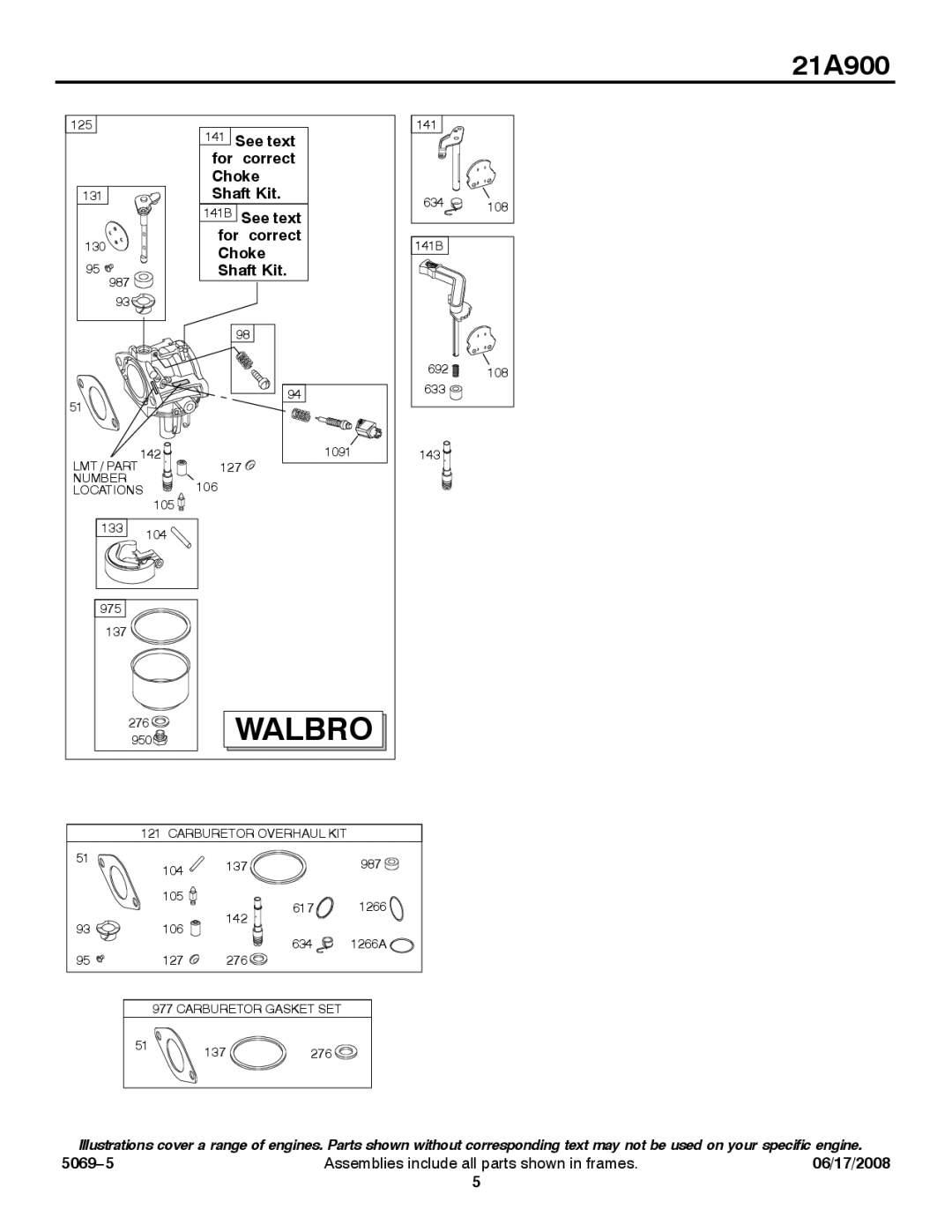 Briggs & Stratton 21A900 service manual Walbro, See text 