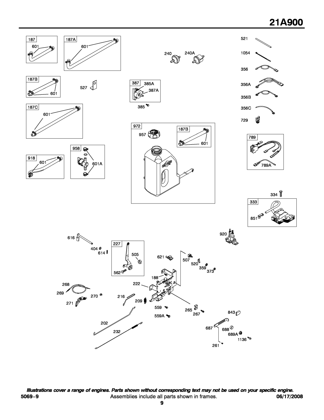 Briggs & Stratton 21A900 service manual 5069−9, Assemblies include all parts shown in frames, 06/17/2008 