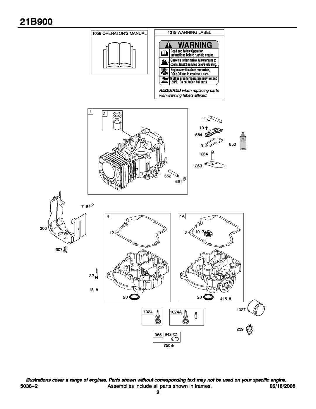 Briggs & Stratton 21B900 service manual 5036−2, Assemblies include all parts shown in frames, 06/18/2008 