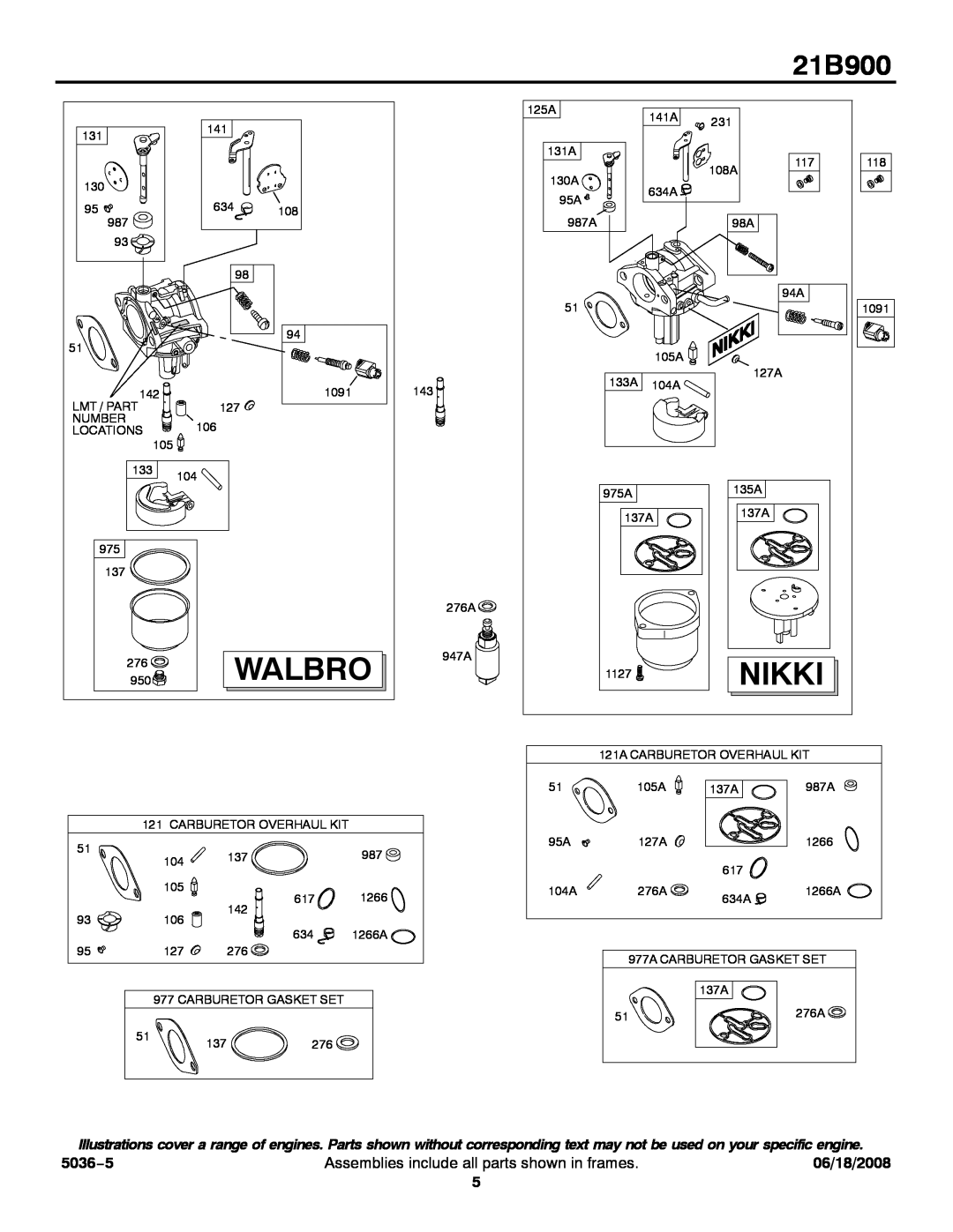 Briggs & Stratton 21B900 service manual Walbro, Nikki, 5036−5, Assemblies include all parts shown in frames, 06/18/2008 