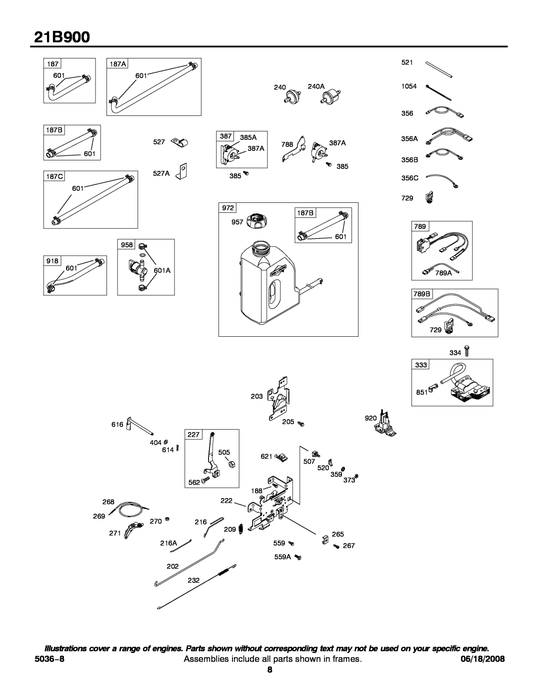 Briggs & Stratton 21B900 service manual 5036−8, Assemblies include all parts shown in frames, 06/18/2008 