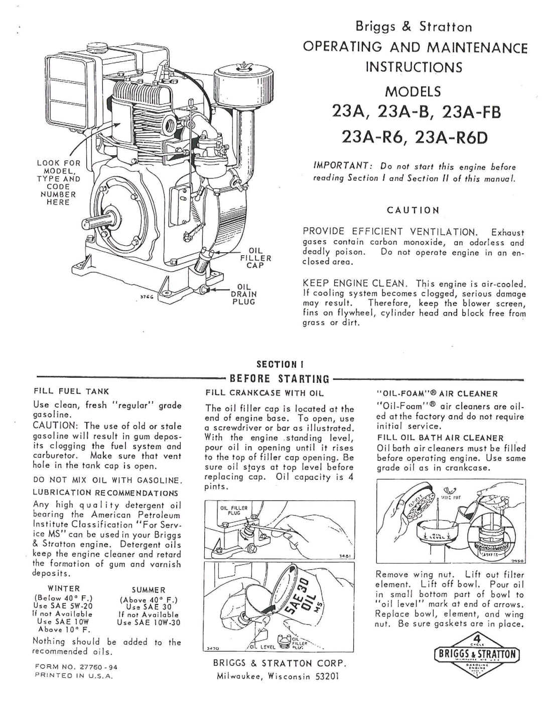 Briggs & Stratton 231-R6D, 23A-R6, 23A-FB, 23A-B manual 