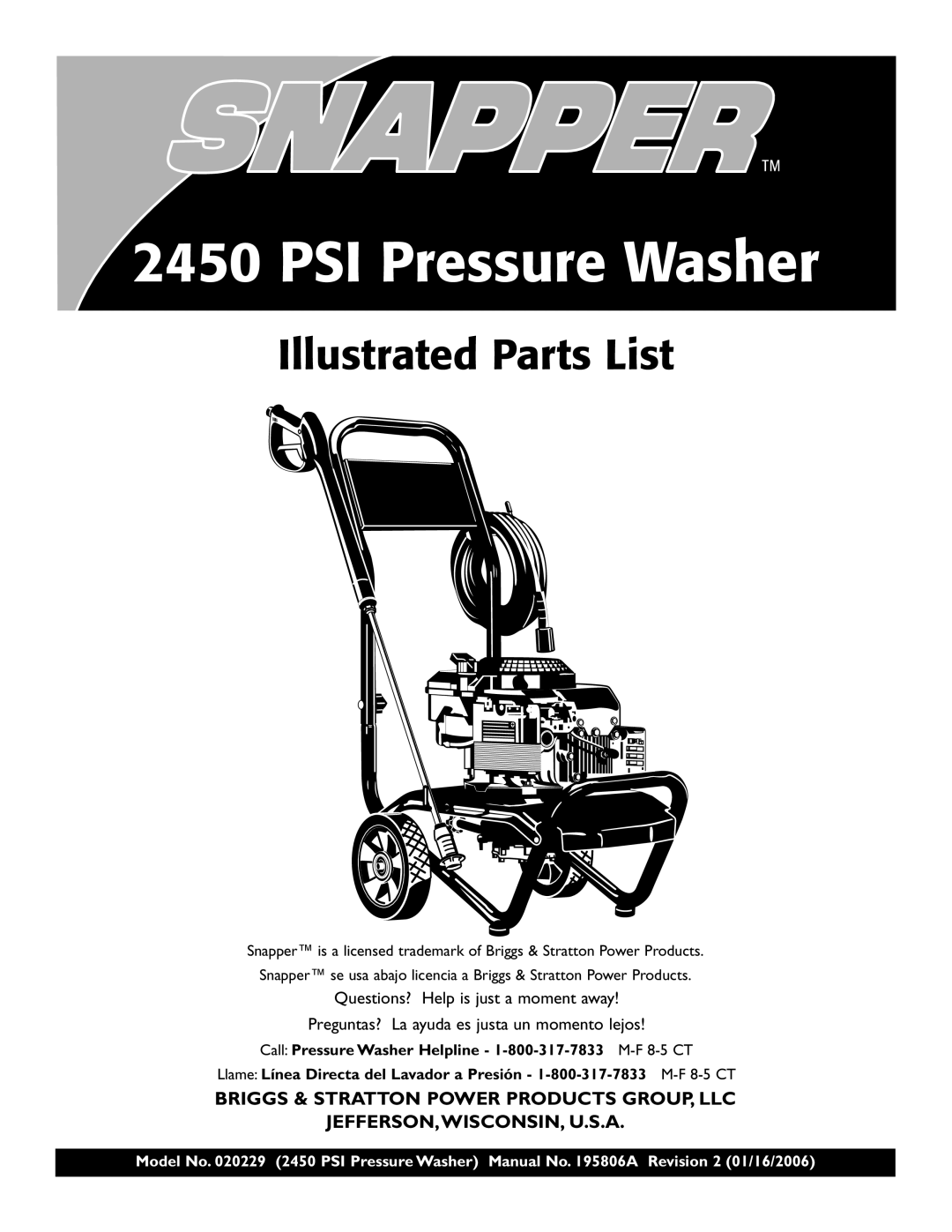 Briggs & Stratton 2450 PSI manual PSI Pressure Washer, Illustrated Parts List 