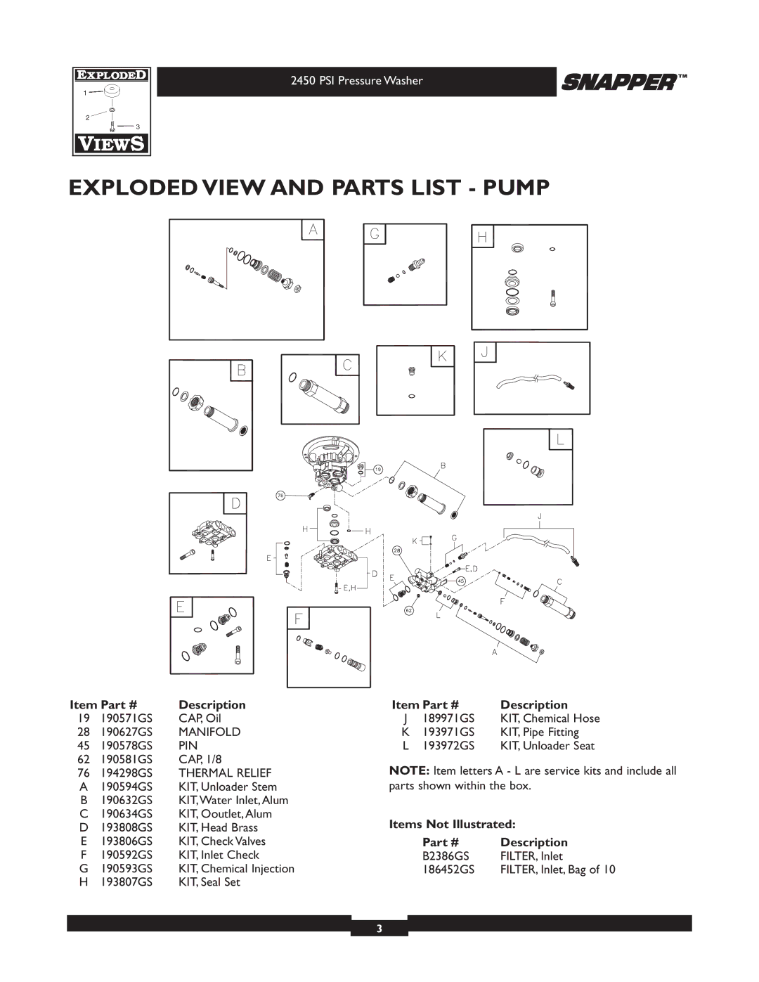 Briggs & Stratton 2450 PSI manual Exploded View and Parts List Pump, Manifold, Pin, Thermal Relief 