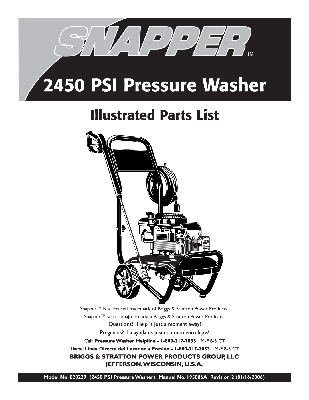 Briggs & Stratton 2450 PSI manual PSI Pressure Washer, Illustrated Parts List, Briggs & Stratton Power Products Group, Llc 