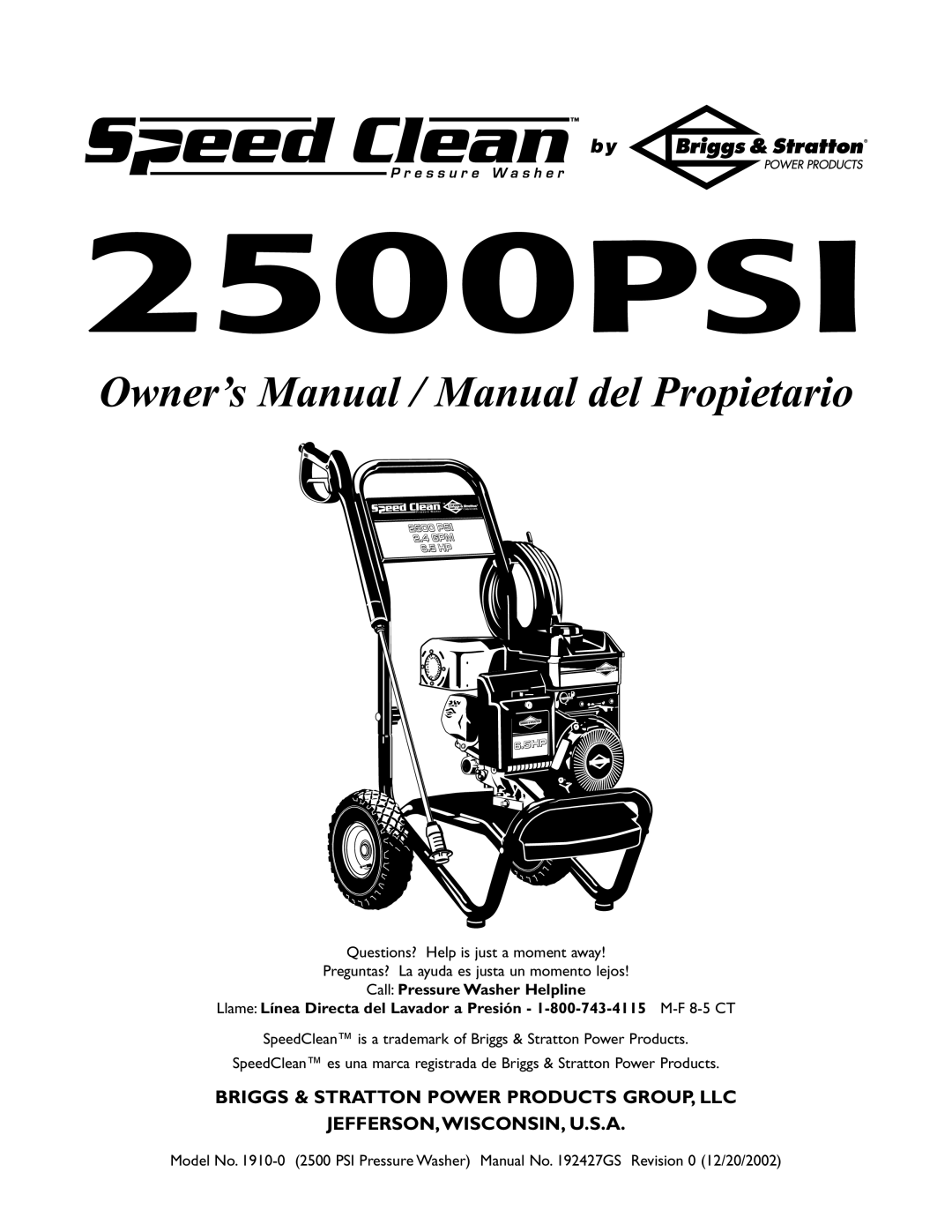 Briggs & Stratton 2500 PSI owner manual 2500PSI 