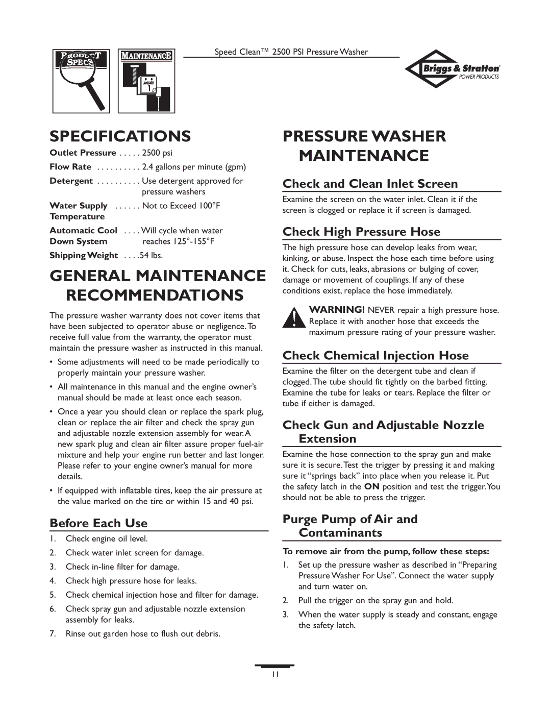 Briggs & Stratton 2500 PSI owner manual Specifications, General Maintenance Recommendations, Pressure Washer Maintenance 