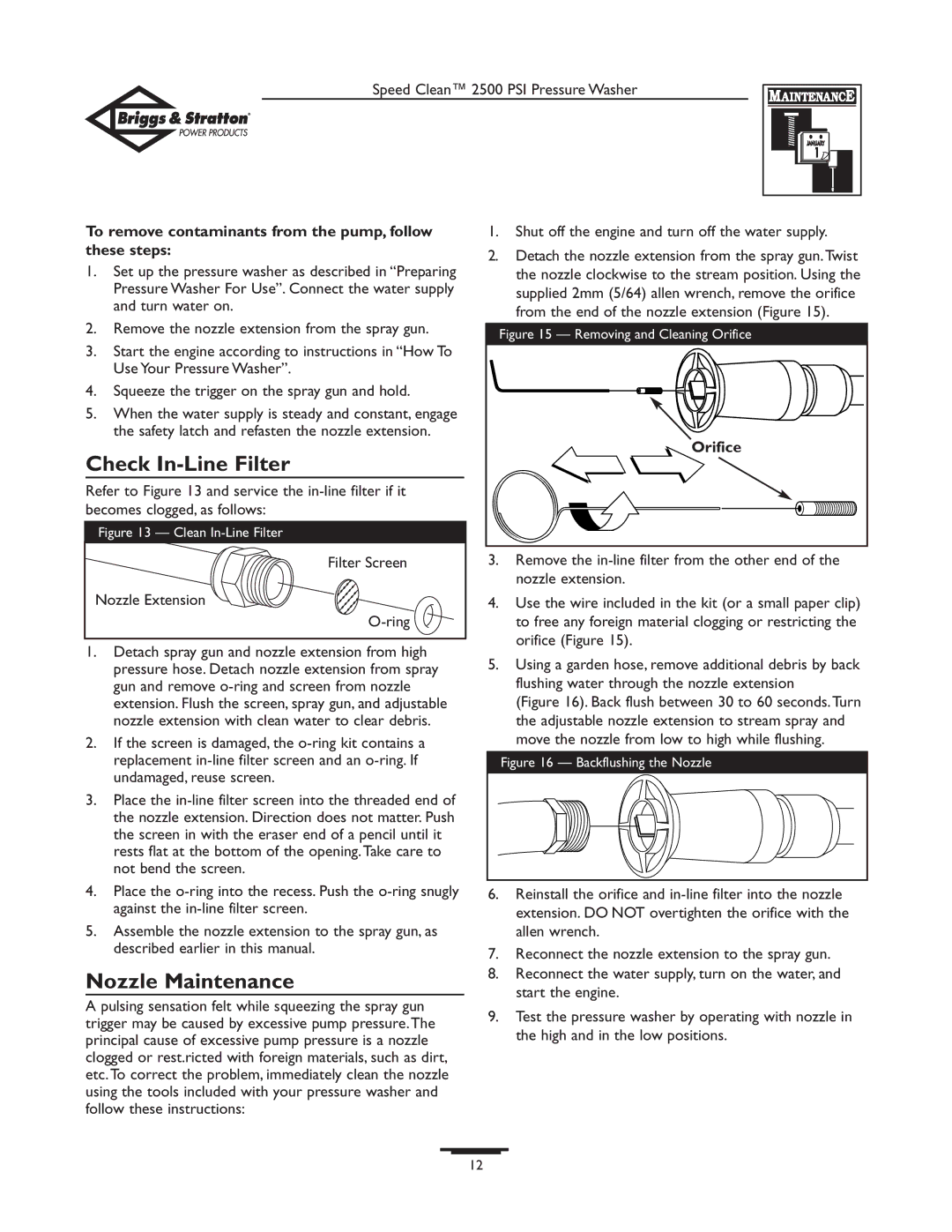 Briggs & Stratton 2500 PSI owner manual Check In-Line Filter, Nozzle Maintenance, Ring, Orifice 