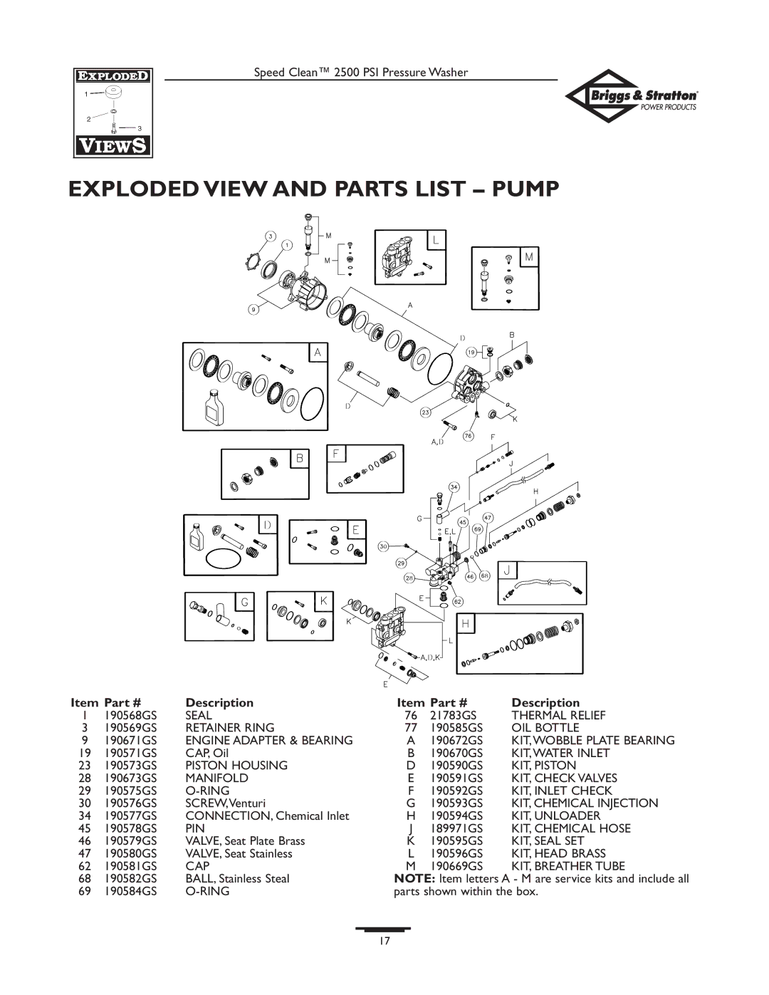 Briggs & Stratton 2500 PSI owner manual Exploded View and Parts List Pump 