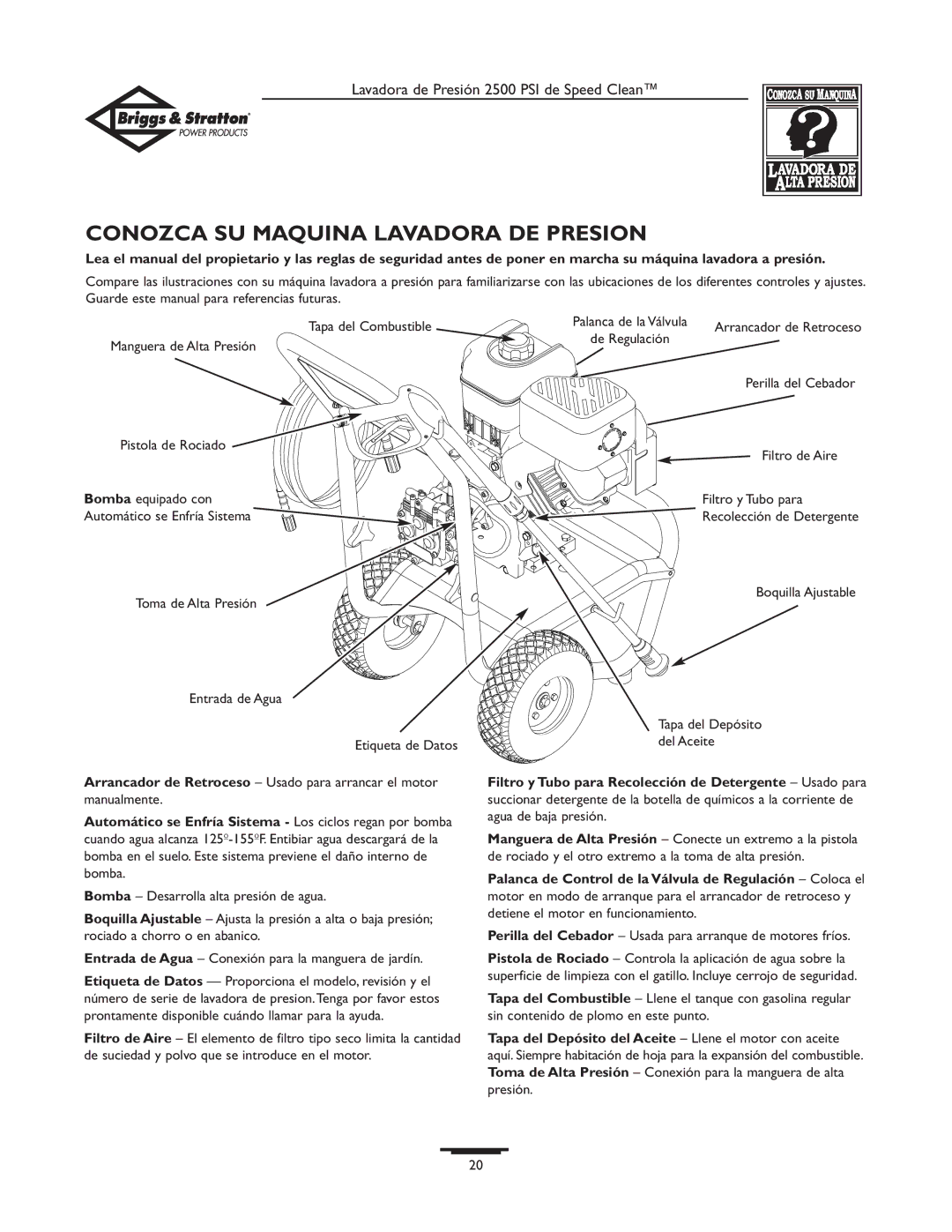 Briggs & Stratton 2500 PSI owner manual Conozca SU Maquina Lavadora DE Presion, Filtro de Aire, Boquilla Ajustable 