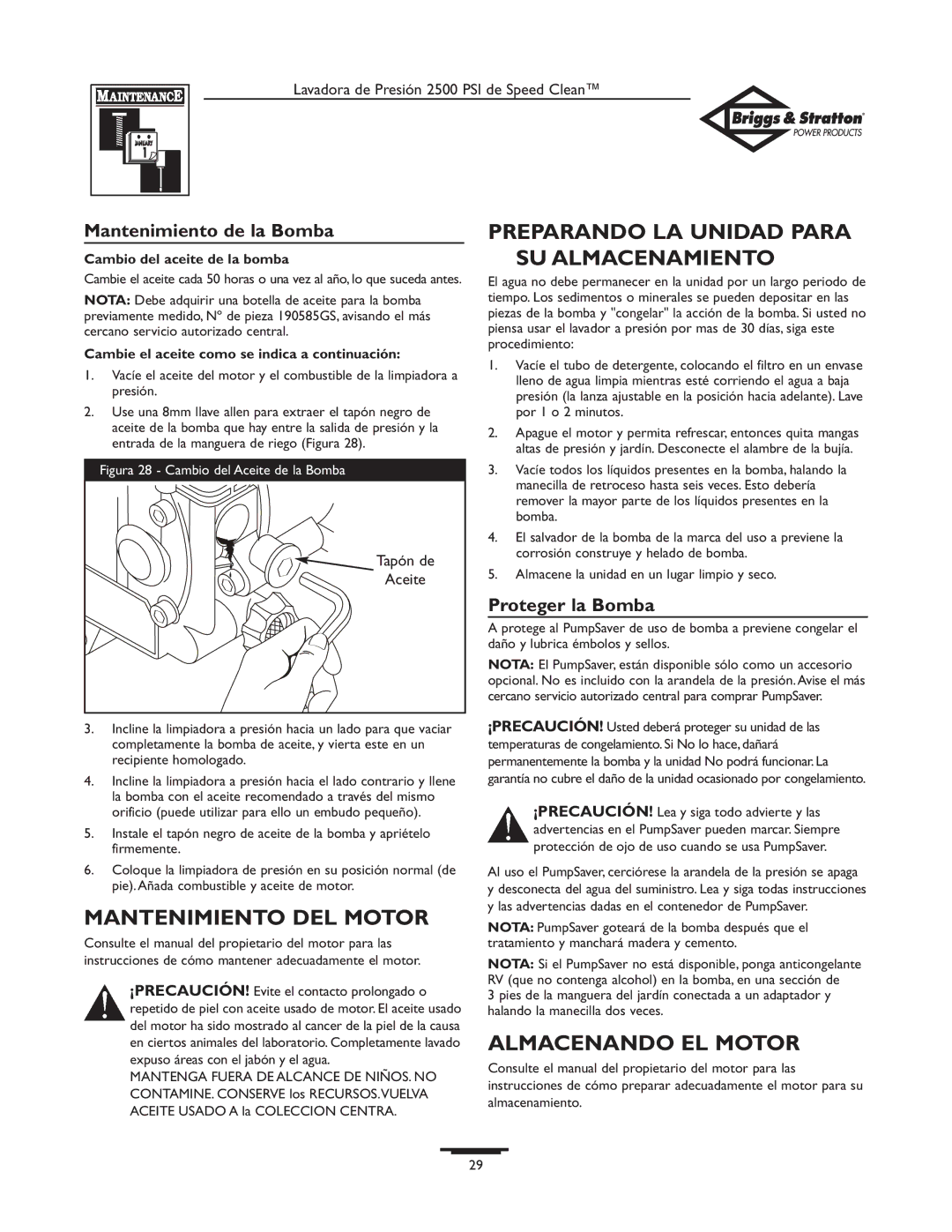Briggs & Stratton 2500 PSI Mantenimiento DEL Motor, Preparando LA Unidad Para SU Almacenamiento, Almacenando EL Motor 