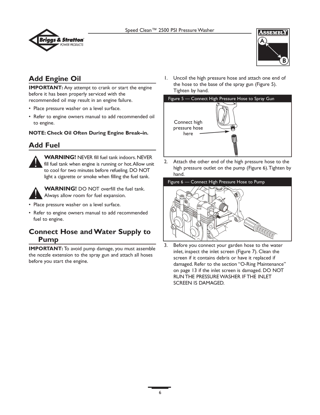 Briggs & Stratton 2500 PSI owner manual Add Engine Oil, Add Fuel, Connect Hose and Water Supply to Pump 