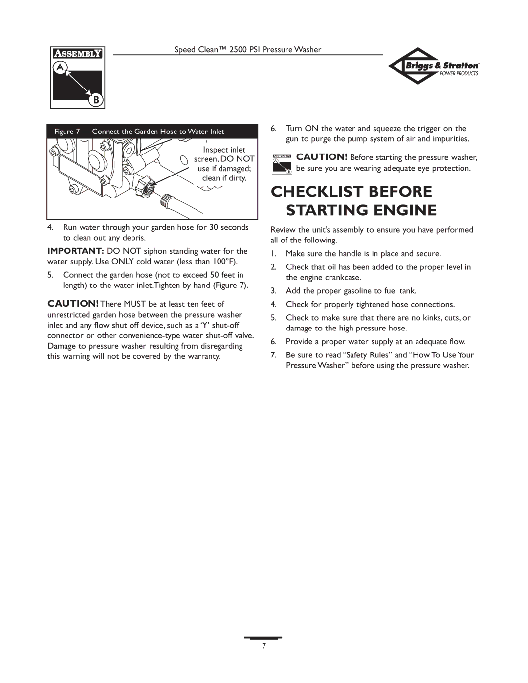 Briggs & Stratton 2500 PSI owner manual Checklist Before Starting Engine, Inspect inlet, Screen, do not, Clean if dirty 