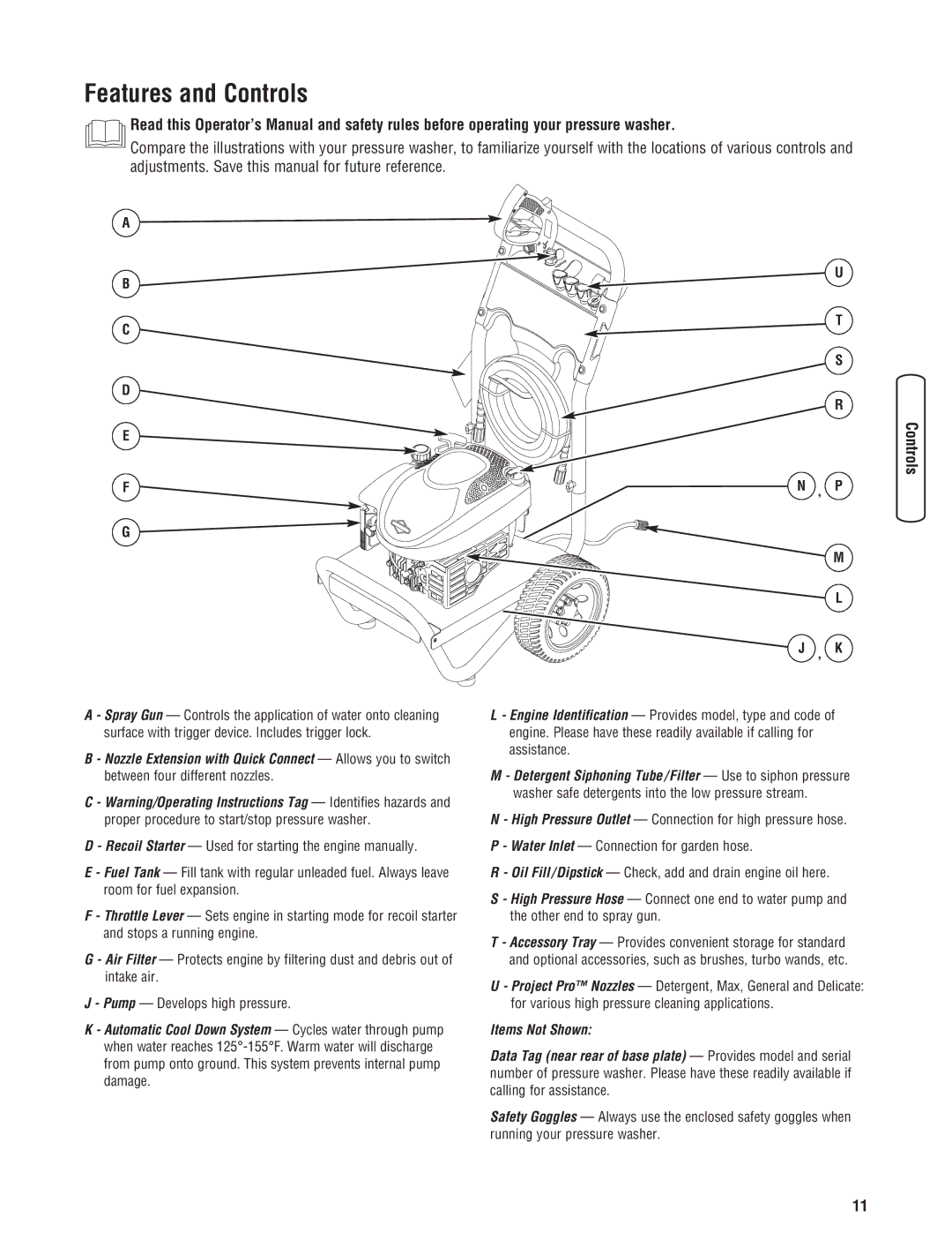 Briggs & Stratton 2550 PSI manual Features and Controls 