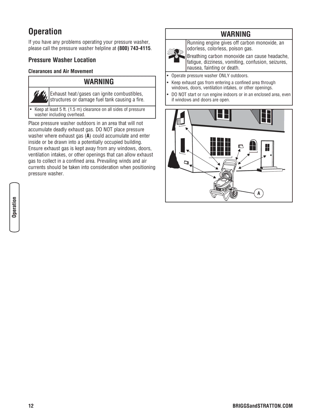 Briggs & Stratton 2550 PSI manual Operation, Pressure Washer Location, Clearances and Air Movement 