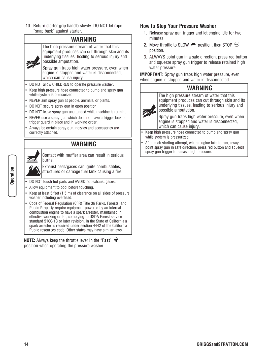 Briggs & Stratton 2550 PSI manual How to Stop Your Pressure Washer, Contact with muffler area can result in serious burns 