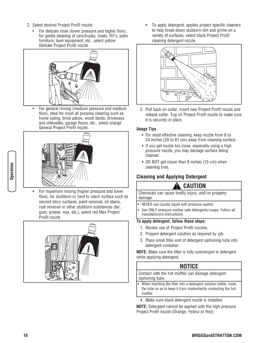 Briggs & Stratton 2550 PSI manual Cleaning and Applying Detergent, Usage Tips, To apply detergent, follow these steps 