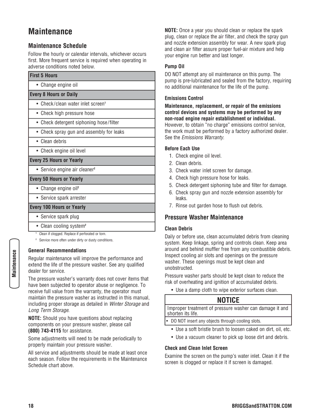 Briggs & Stratton 2550 PSI manual Maintenance Schedule, Pressure Washer Maintenance 