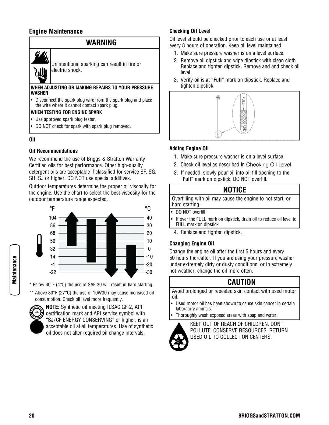 Briggs & Stratton 2550 PSI manual Engine Maintenance, Oil Oil Recommendations, Checking Oil Level, Adding Engine Oil 