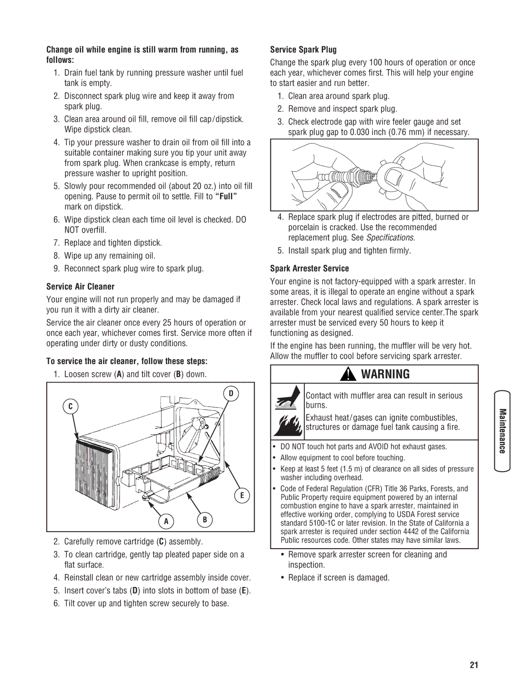 Briggs & Stratton 2550 PSI manual Service Air Cleaner, To service the air cleaner, follow these steps, Service Spark Plug 