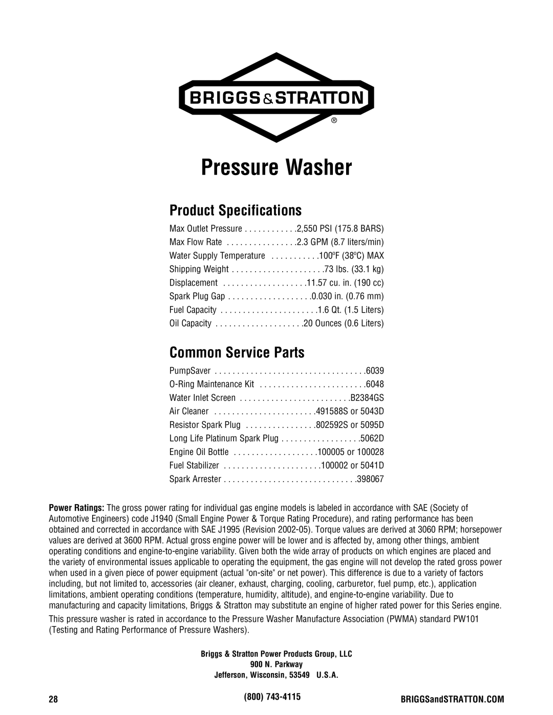 Briggs & Stratton 2550 PSI manual Product Specifications, Common Service Parts, 800 