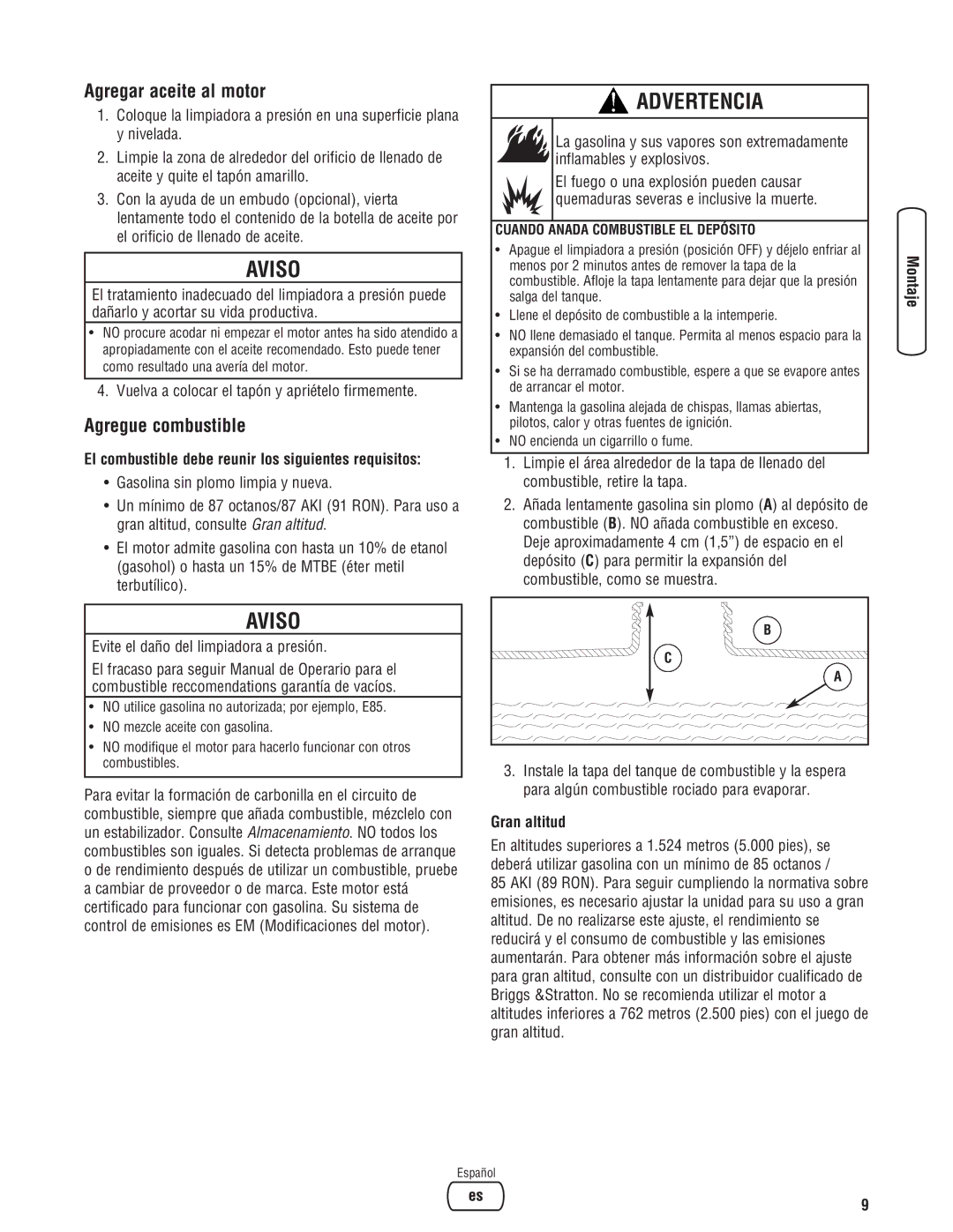 Briggs & Stratton 2550 PSI manual Agregar aceite al motor, Agregue combustible, Gran altitud 