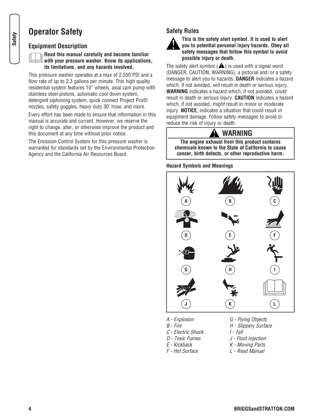 Briggs & Stratton 2550 PSI Operator Safety, Equipment Description, Safety Rules, Engine exhaust from this product contains 