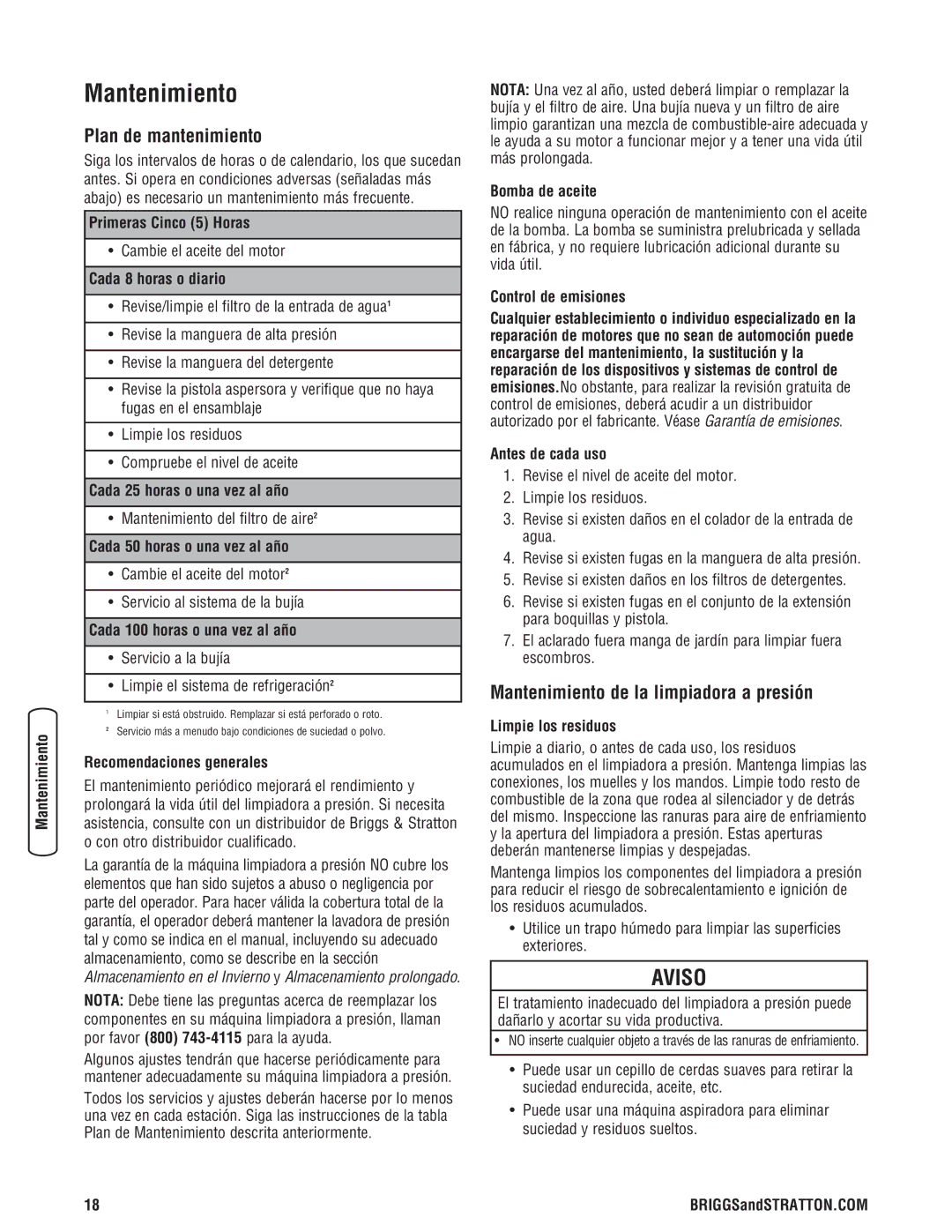 Briggs & Stratton 2550 PSI manual Plan de mantenimiento, Mantenimiento de la limpiadora a presión 