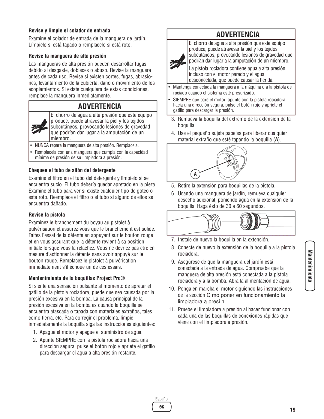 Briggs & Stratton 2550 PSI Revise y limpie el colador de entrada, Revise la manguera de alta presión, Revise la pistola 