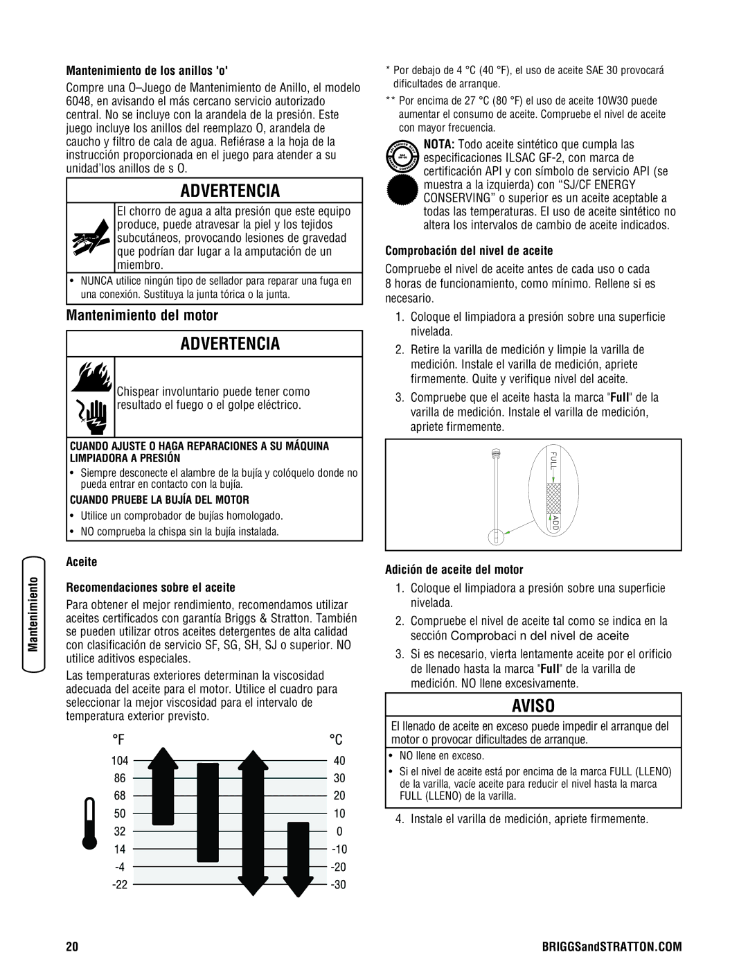 Briggs & Stratton 2550 PSI manual Mantenimiento del motor, Mantenimiento de los anillos o, Comprobación del nivel de aceite 