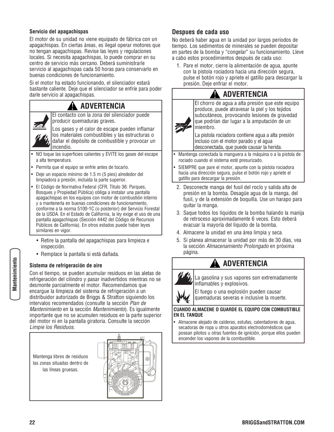 Briggs & Stratton 2550 PSI manual Despues de cada uso, Servicio del apagachispas, Sistema de refrigeración de aire 