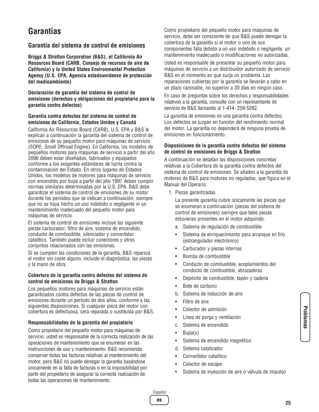 Briggs & Stratton 2550 PSI manual Garantías, Garantía del sistema de control de emisiones 