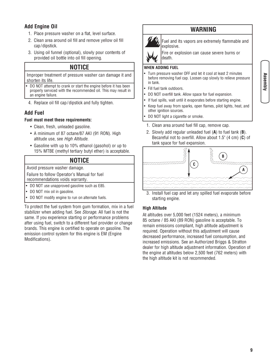 Briggs & Stratton 2550 PSI manual Add Engine Oil, Add Fuel, Fuel must meet these requirements, High Altitude 