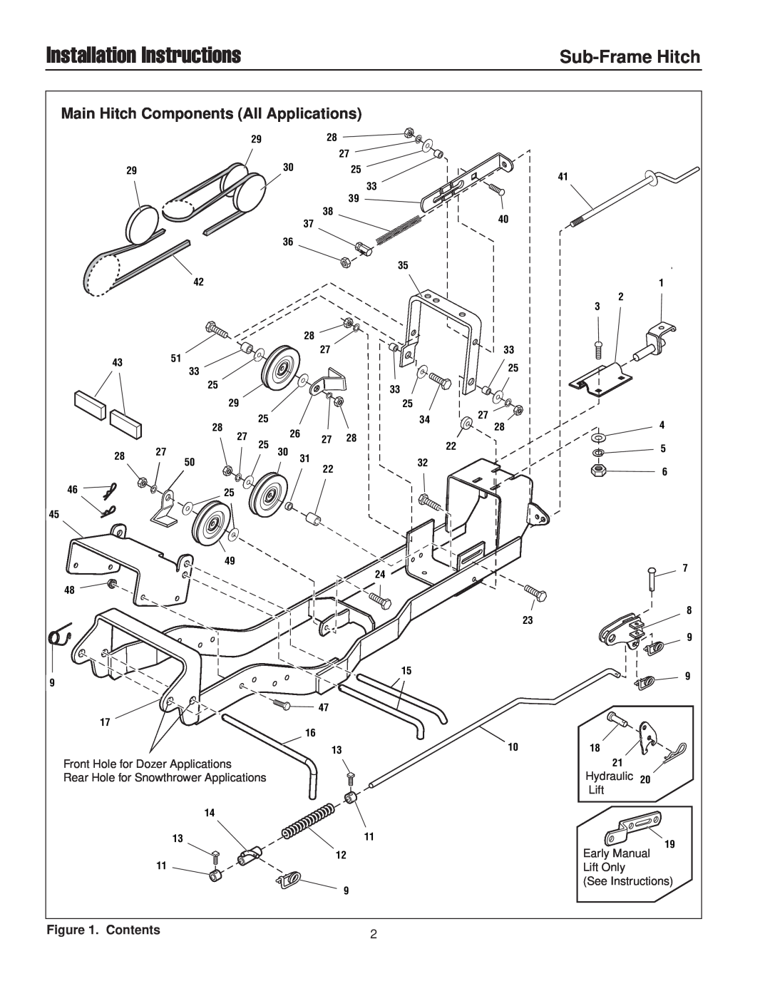 Briggs & Stratton 2800 Sub-Frame Hitch, Installation Instructions, Front Hole for Dozer Applications, Hydraulic, Lift 