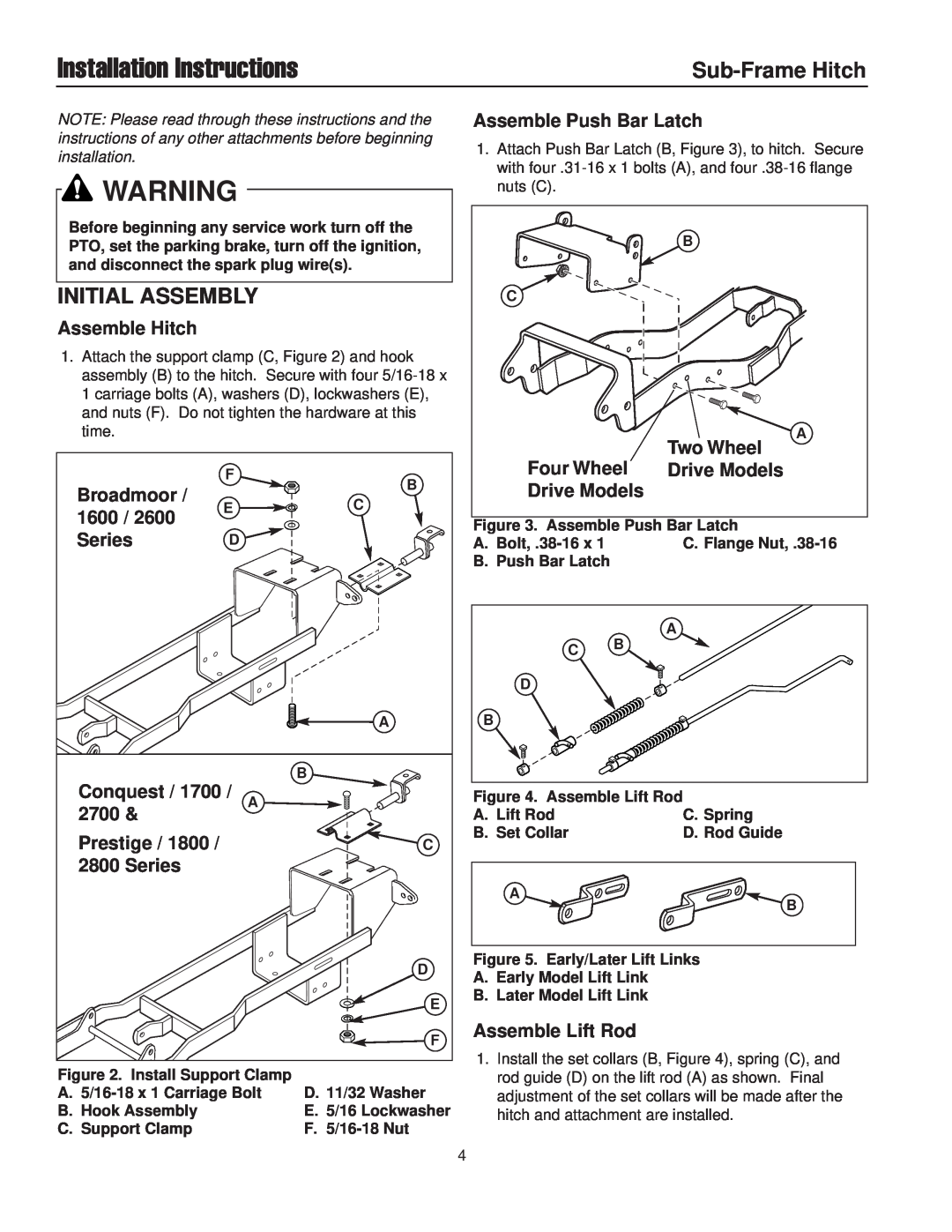 Briggs & Stratton 1700, 2600, 1600, 2800, 1800 Installation Instructions, Initial Assembly, Sub-Frame Hitch 