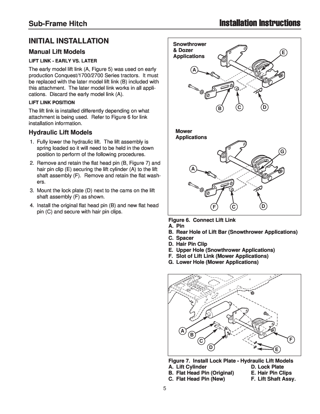 Briggs & Stratton 2600, 1600, 2800 Installation Instructions, Initial Installation, Sub-Frame Hitch, Manual Lift Models 
