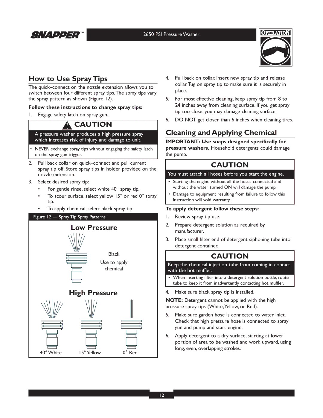 Briggs & Stratton 2650 PSI manual How to Use Spray Tips, Low Pressure, High Pressure, Cleaning and Applying Chemical 