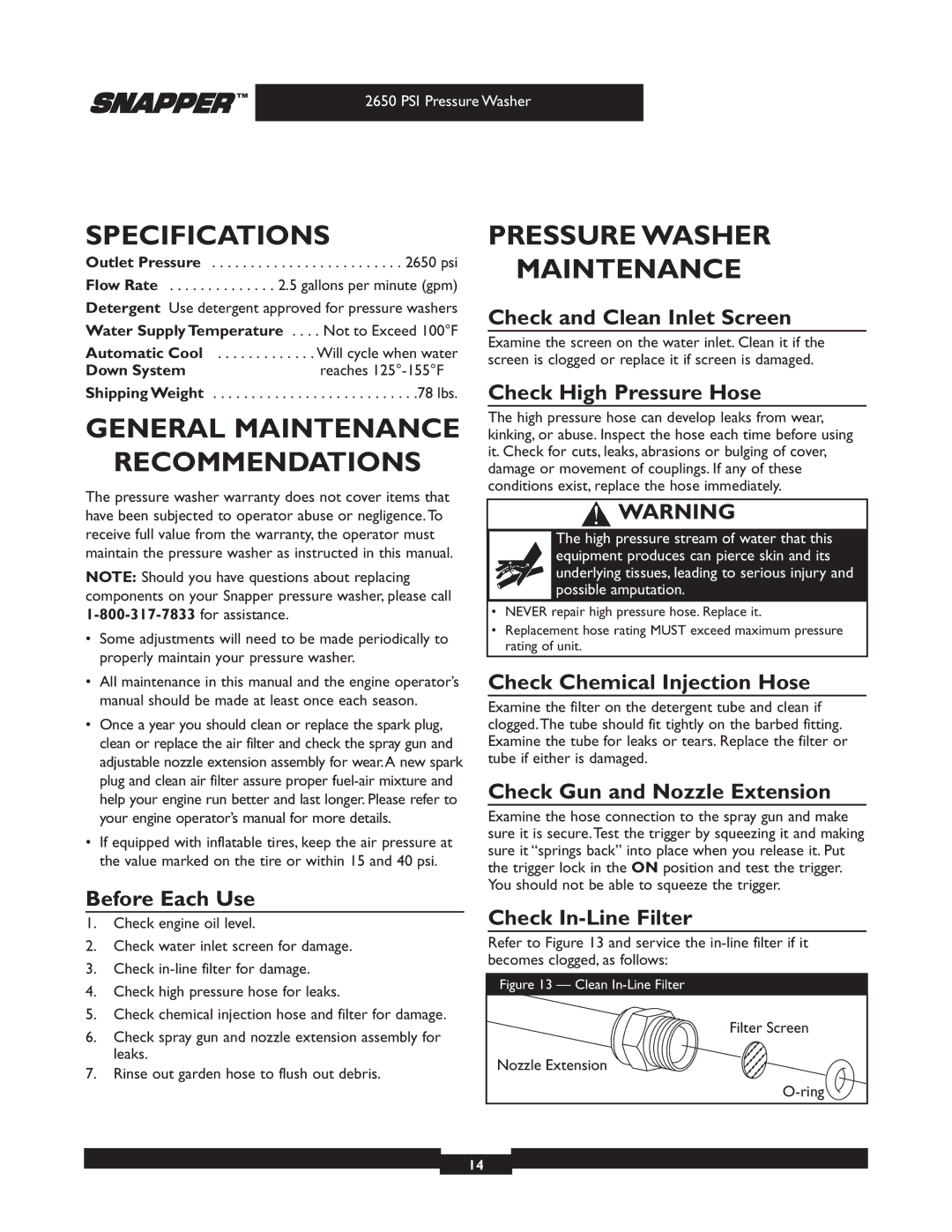 Briggs & Stratton 2650 PSI manual Specifications, General Maintenance Recommendations, Pressure Washer Maintenance 