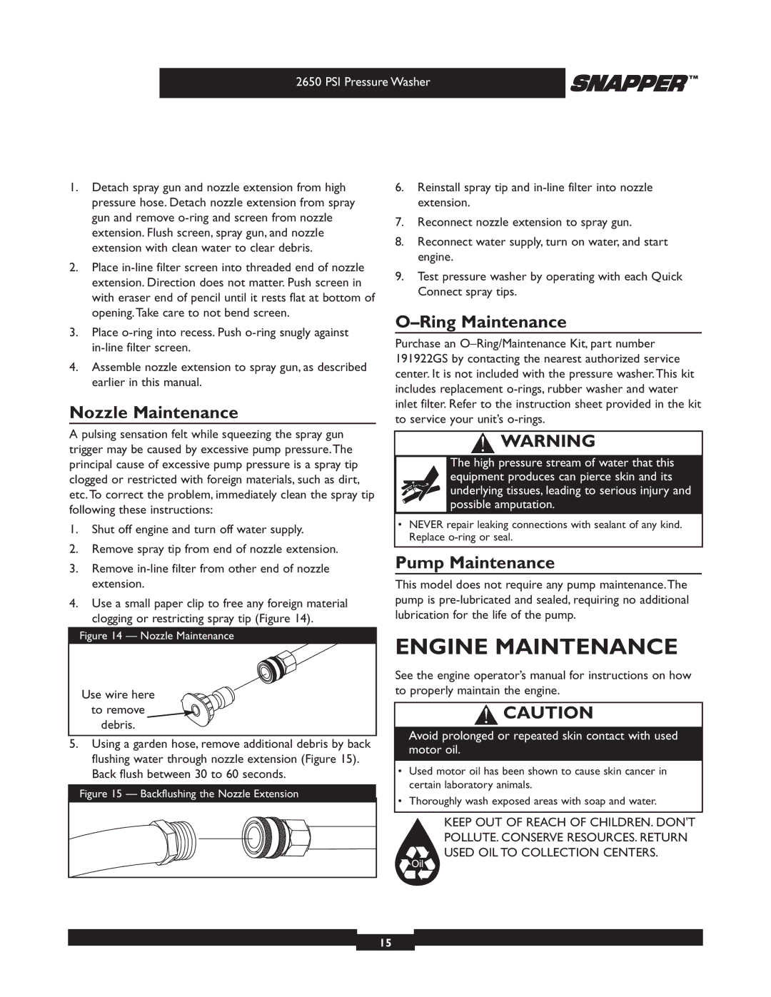 Briggs & Stratton 2650 PSI manual Engine Maintenance, Nozzle Maintenance, Ring Maintenance, Pump Maintenance 