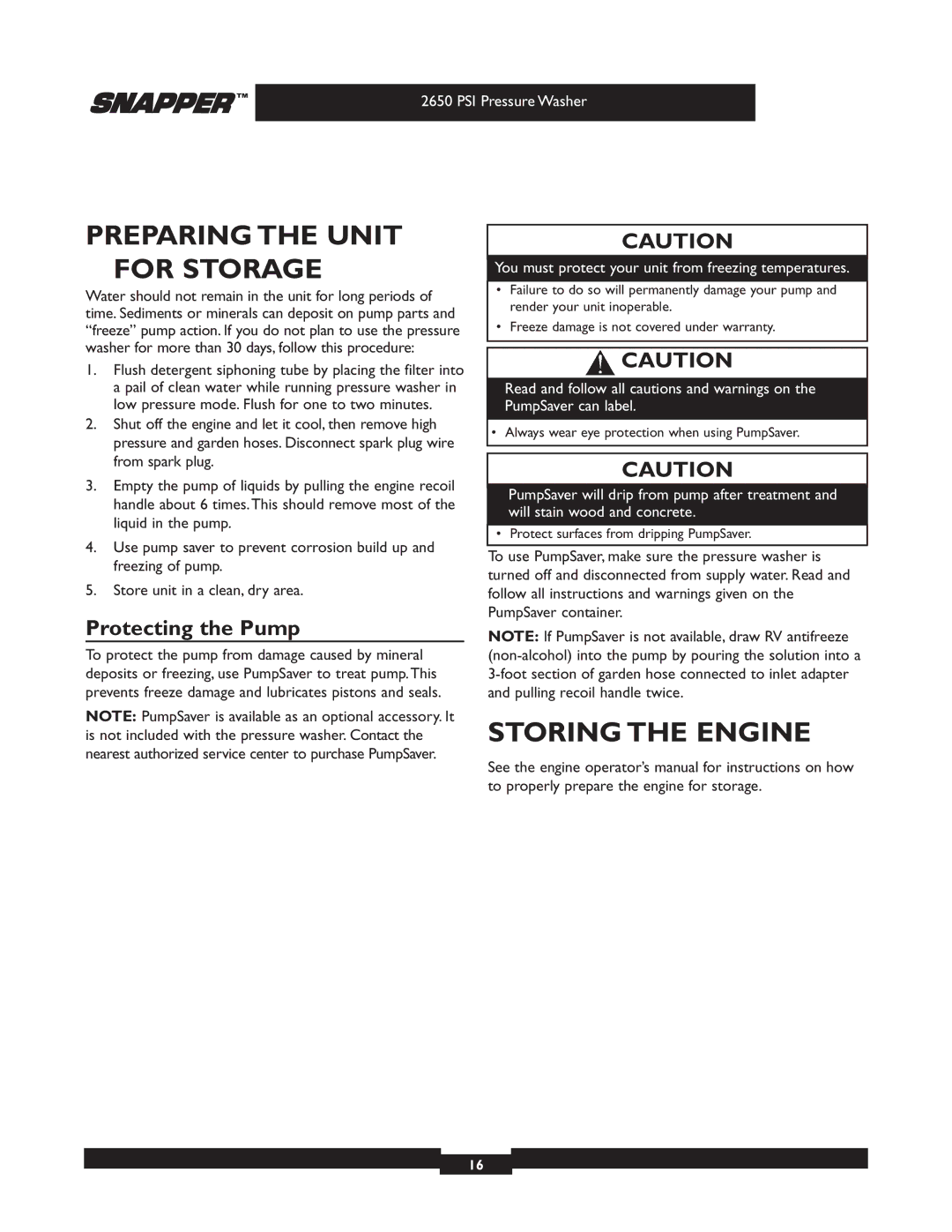 Briggs & Stratton 2650 PSI manual Preparing the Unit for Storage, Storing the Engine, Protecting the Pump 