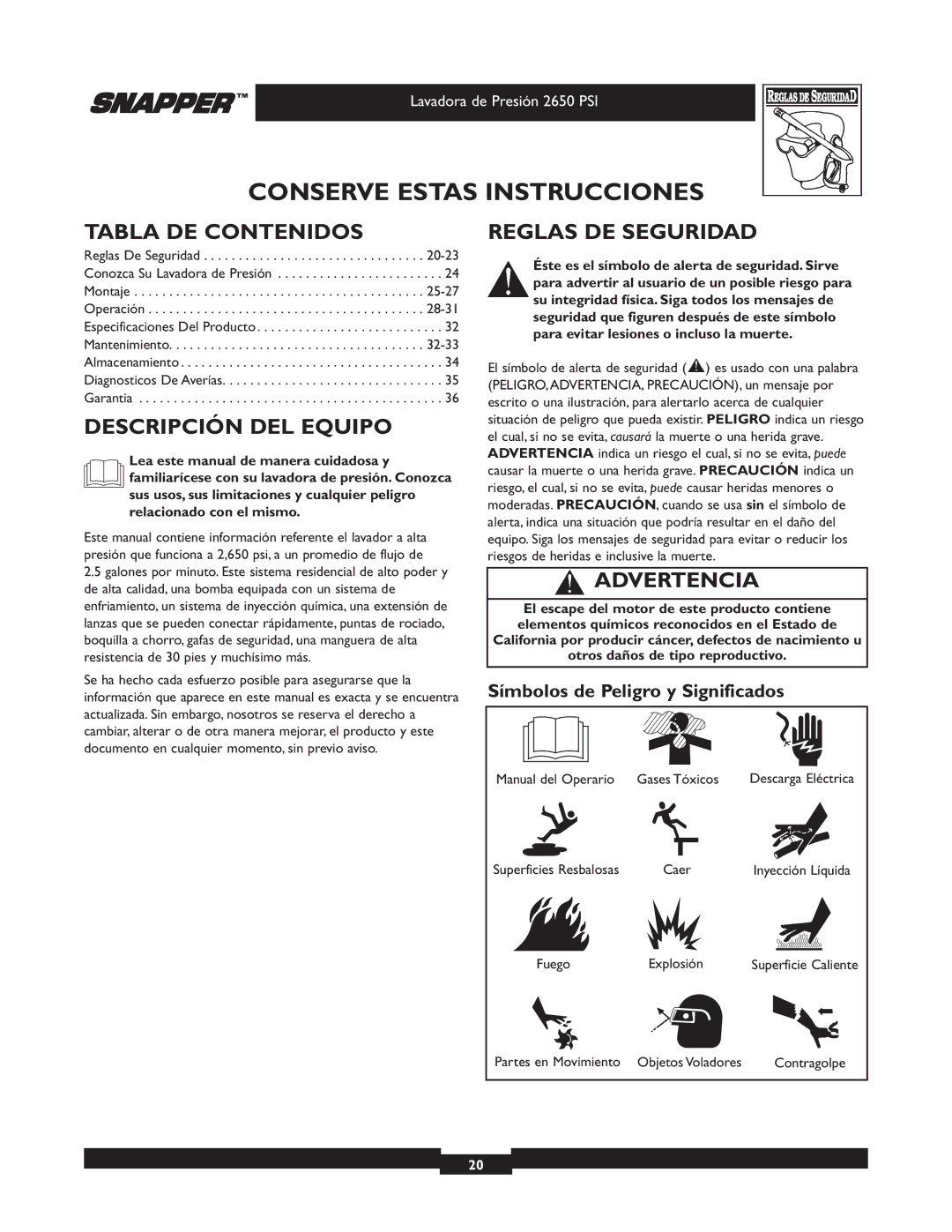 Briggs & Stratton 2650 PSI manual Tabla DE Contenidos, Descripción DEL Equipo, Reglas DE Seguridad, Advertencia 