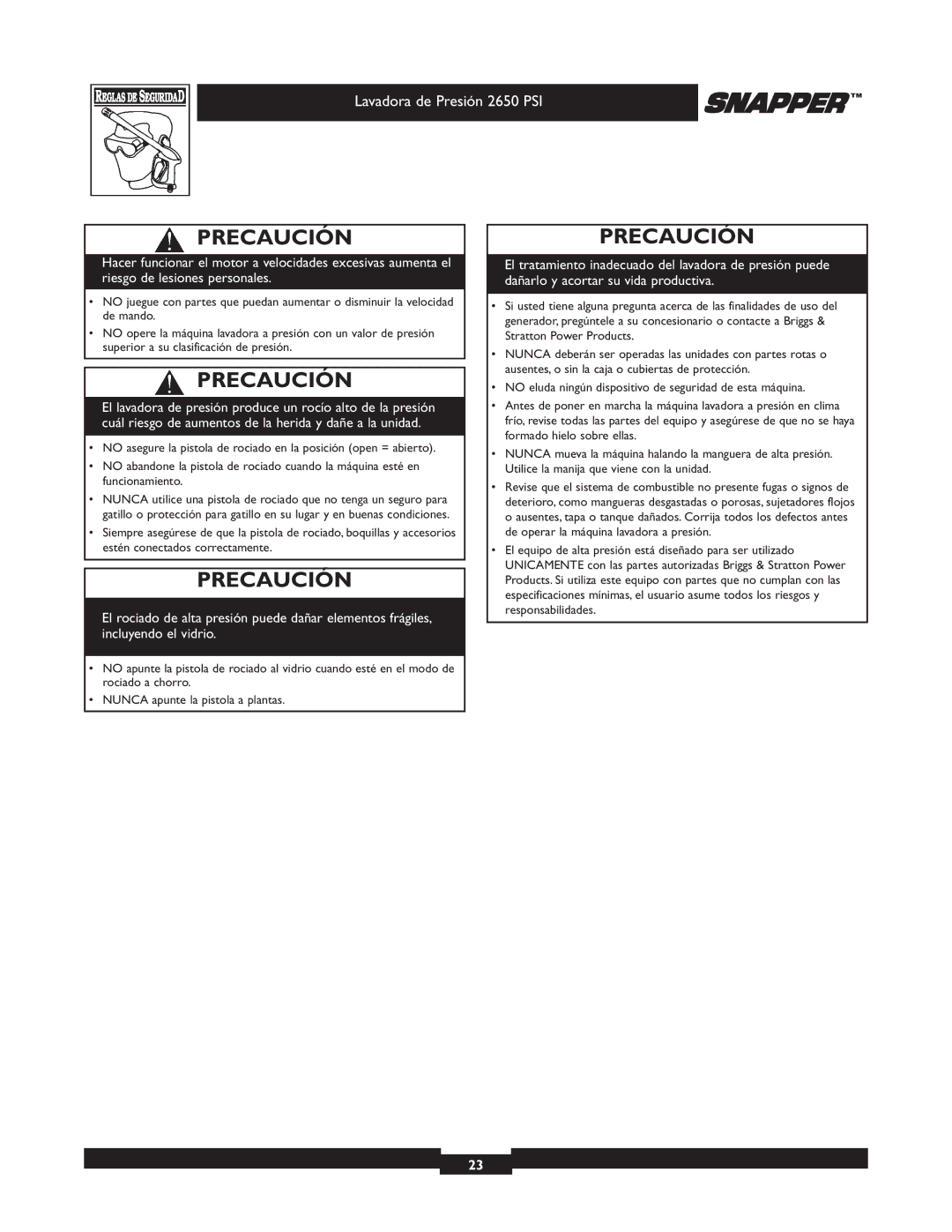 Briggs & Stratton 2650 PSI manual Precaución 