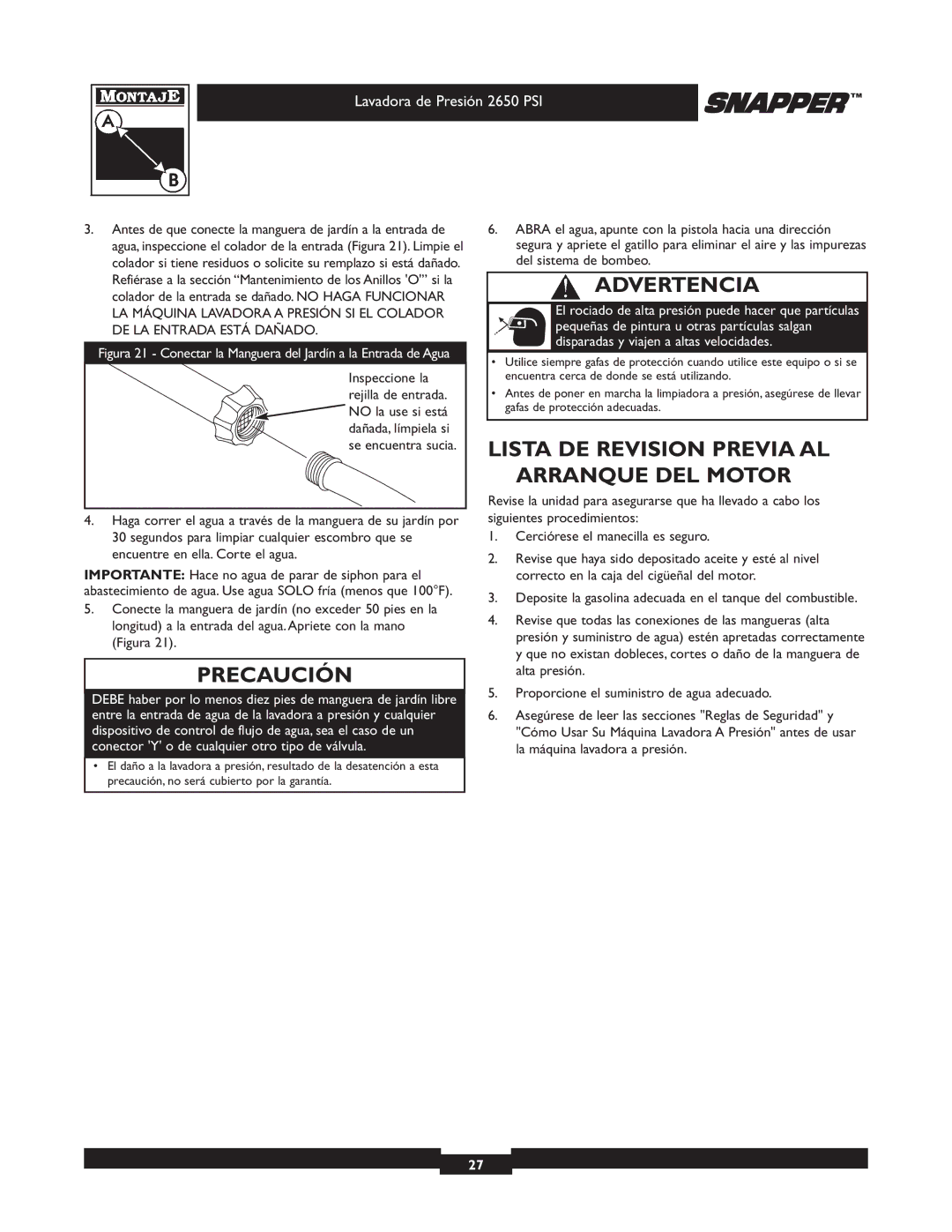 Briggs & Stratton 2650 PSI manual Advertencia, Lista DE Revision Previa AL Arranque DEL Motor 