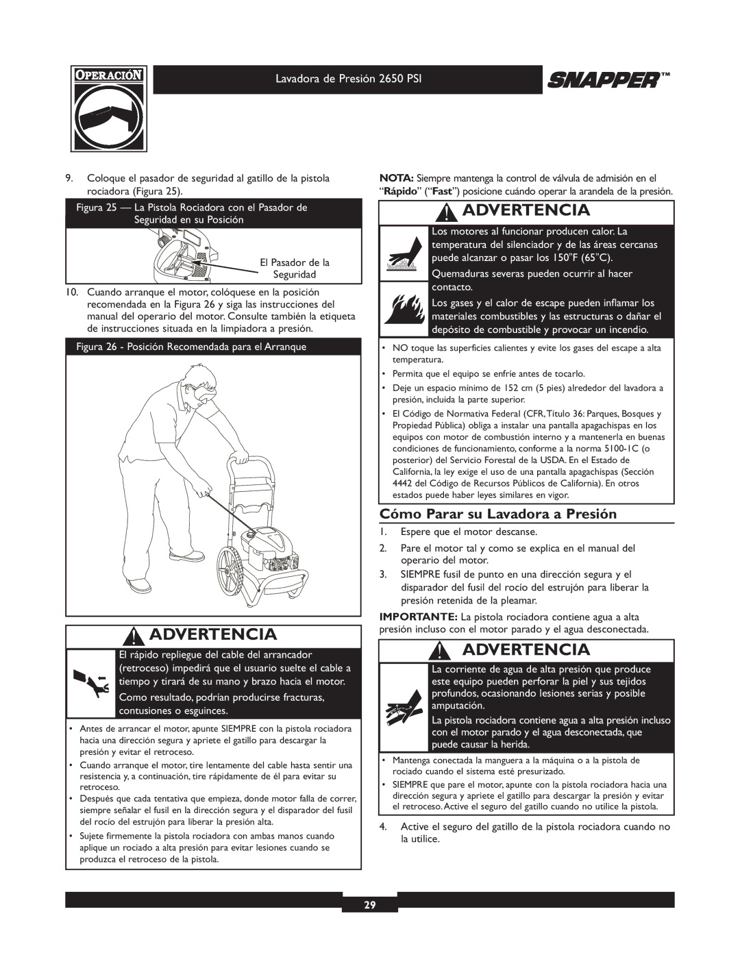 Briggs & Stratton 2650 PSI manual Cómo Parar su Lavadora a Presión, El Pasador de la Seguridad 