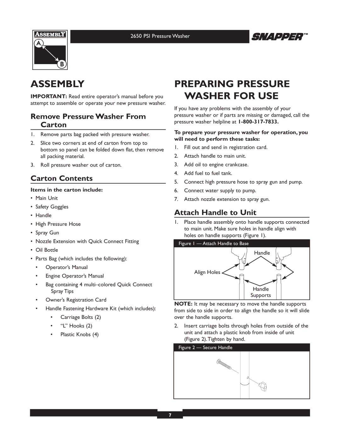 Briggs & Stratton 2650 PSI manual Assembly, Preparing Pressure Washer for USE, Remove Pressure Washer From Carton 