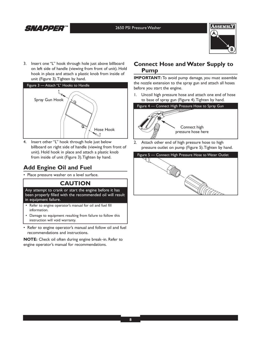 Briggs & Stratton 2650 PSI manual Add Engine Oil and Fuel, Connect Hose and Water Supply to Pump 